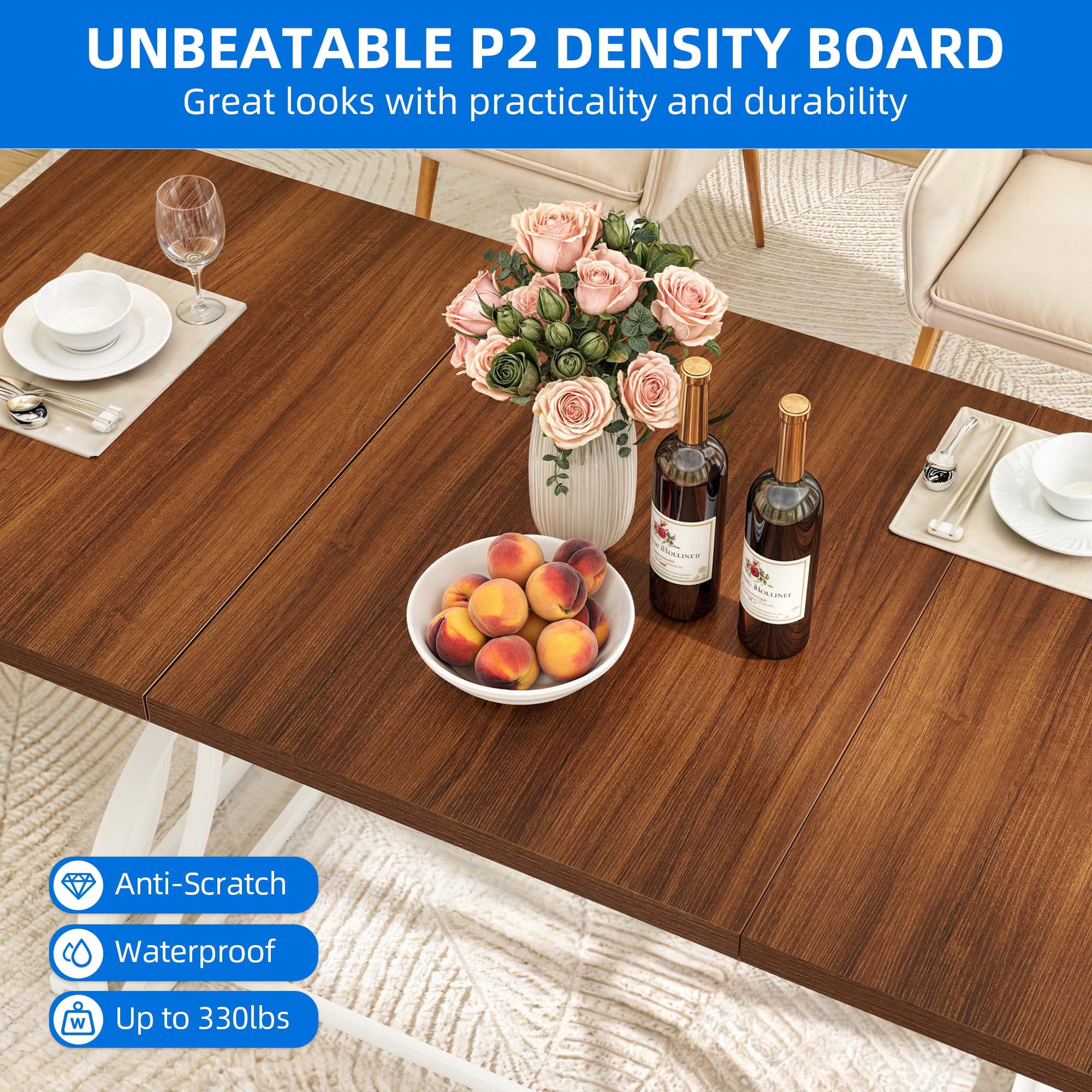 Dextrus 70" Wood Dinner Table for 6-8 Person, Rectangular Kitchen Table with Metal Leg for Gathering, Meeting, Office Kitchen, Dining Living Room, Walnut