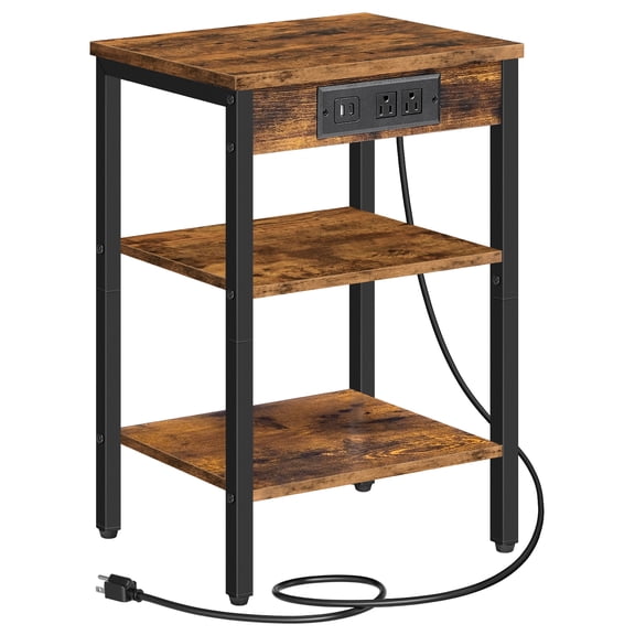 HOOBRO 3-Tier End Table with Power Strip & Storage Shelf, Rustic Brown and Black