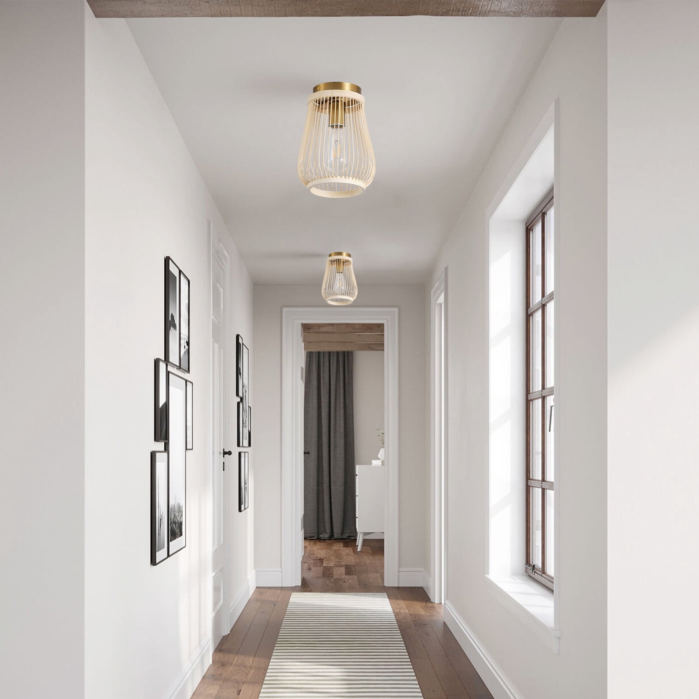 Modern Gold Caged Semi Flush Mount Ceiling Light, Vintage Boho Farmhouse Natural Bamboo Ceiling Light Fixture for Hallway Bedroom Kitchen Foyer