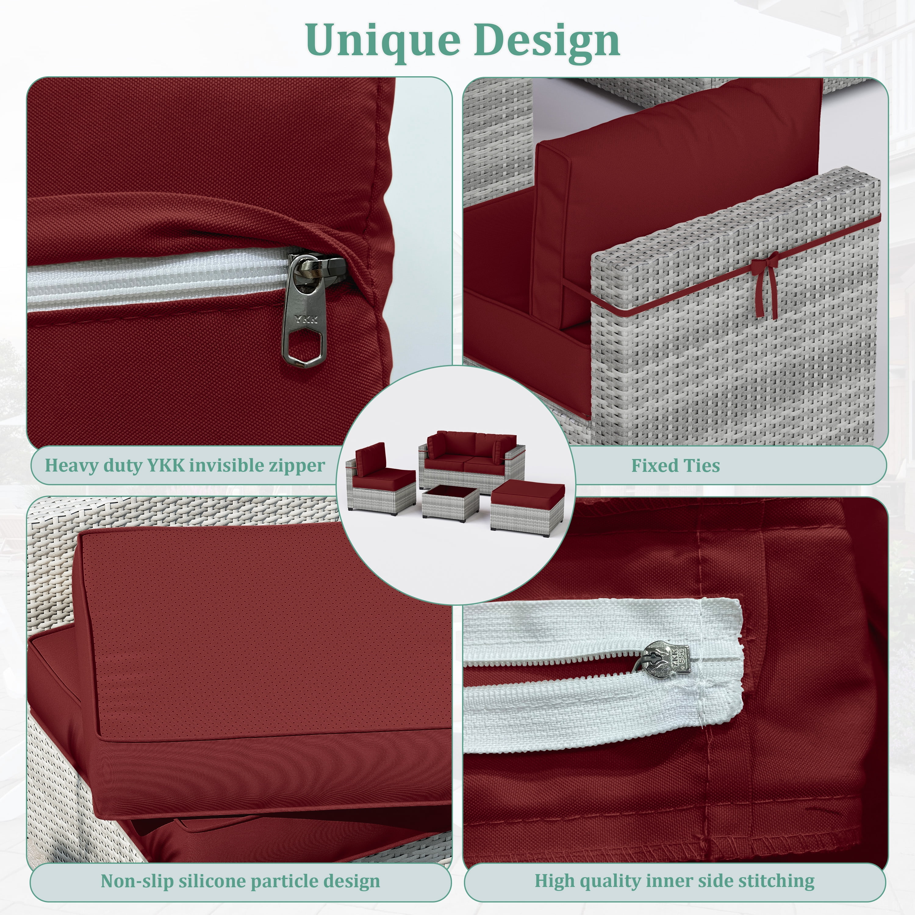 Snubbull Patio Furniture Cushions, Replacement Outdoor Cushions for 4-Seat Sectional Sofa,Waterproof & Zipped, Burgundy