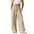 thumbnail image 1 of Plus Size Pants, Linen Drawstring Pants with Pockets, Solid Loose Casual Joggers, Breathable Summer Wide Leg Trousers, 1 of 9
