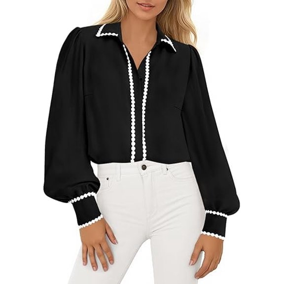 PRETTYGARDEN Womens Long Sleeve Button Down Shirts Trendy V Neck Loose Fit Fall Tops Collared Dressy Casual Blouses