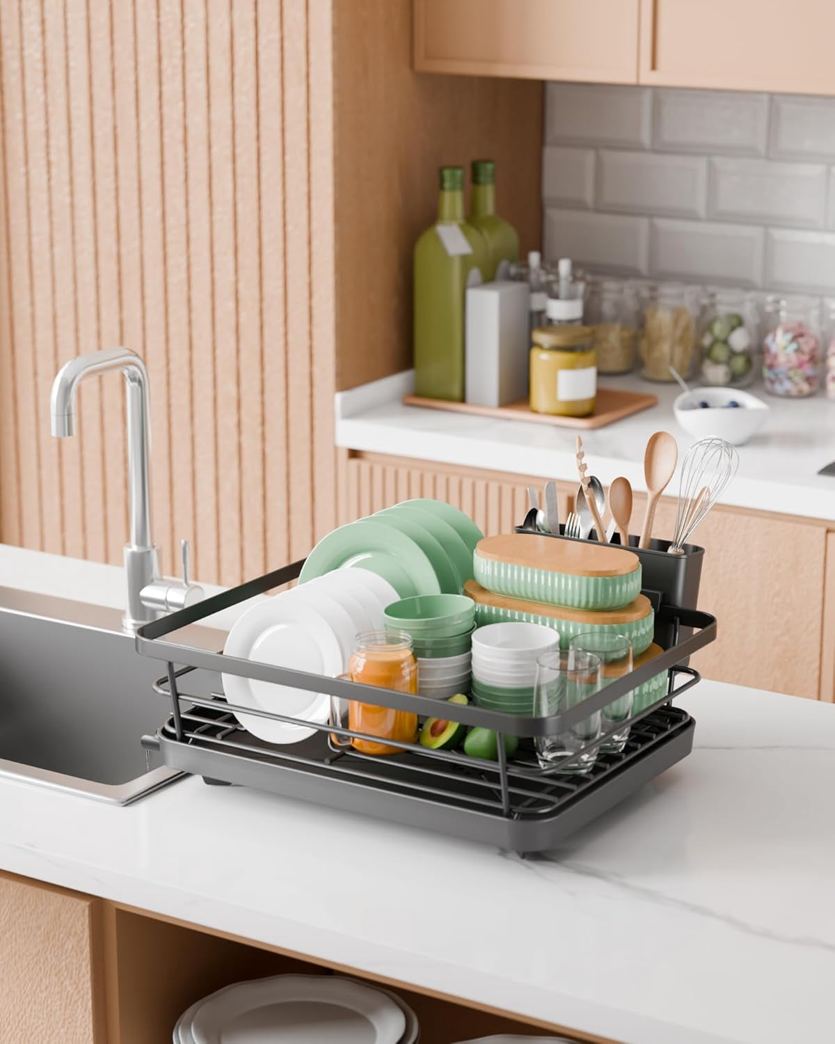 Kitsure Dish Drying Rack for Kitchen Counter, Stainless Steel Sink Organization and Storage Essentials with Cutlery Holder, Home and Appartment Decor, 12''W x 15.5''L, Red