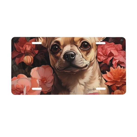 Kdxio Vintage Red Flower Chihuahua License Plate Car Front License Plate Car Decoration Car Accessories Front Tag Plate Standard Size