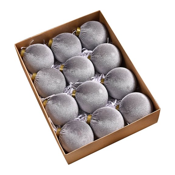 A Gray Velvet Flocked Christmas Balls 12Pcs 3.15 Inch Tree Ornaments For Holiday Decor