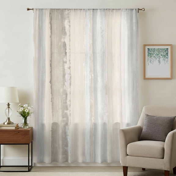 Beige Ombre Sheer Curtains 63 Inches Long, Vintage Modern Abstract Aesthetics Light Filering Curtains, Breathable Simi Curtain Privacy Drapes for Living Room Bedroom Lightweight Window Treatment
