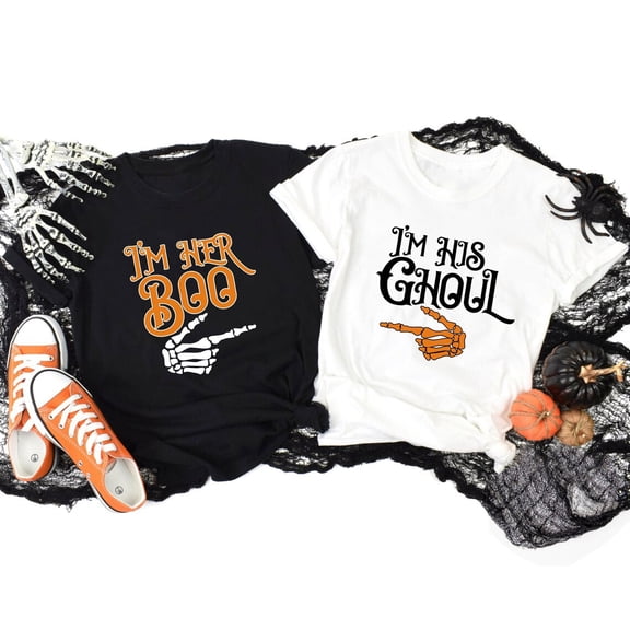PAVIG Her Boo His Ghoul Halloween Couple Matching Shirt, Skeleton Tee