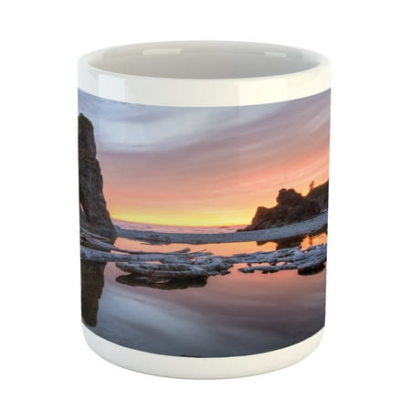 

Driftwood Mug Setting Sun Theme with Sea Stacks and Driftwood at Ruby Beach Digital Image Printed Ceramic Coffee Mug Water Tea Drinks Cup Orange and Grey 11oz
