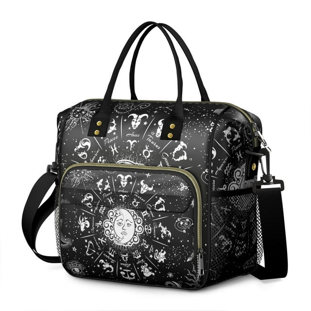 Dark Gothic Celestial Art Insulated Lunch Bag, Large Leakproof Cooler Tote with Cosmic and Lunar Patterns, Adjustable Shoulder Strap
