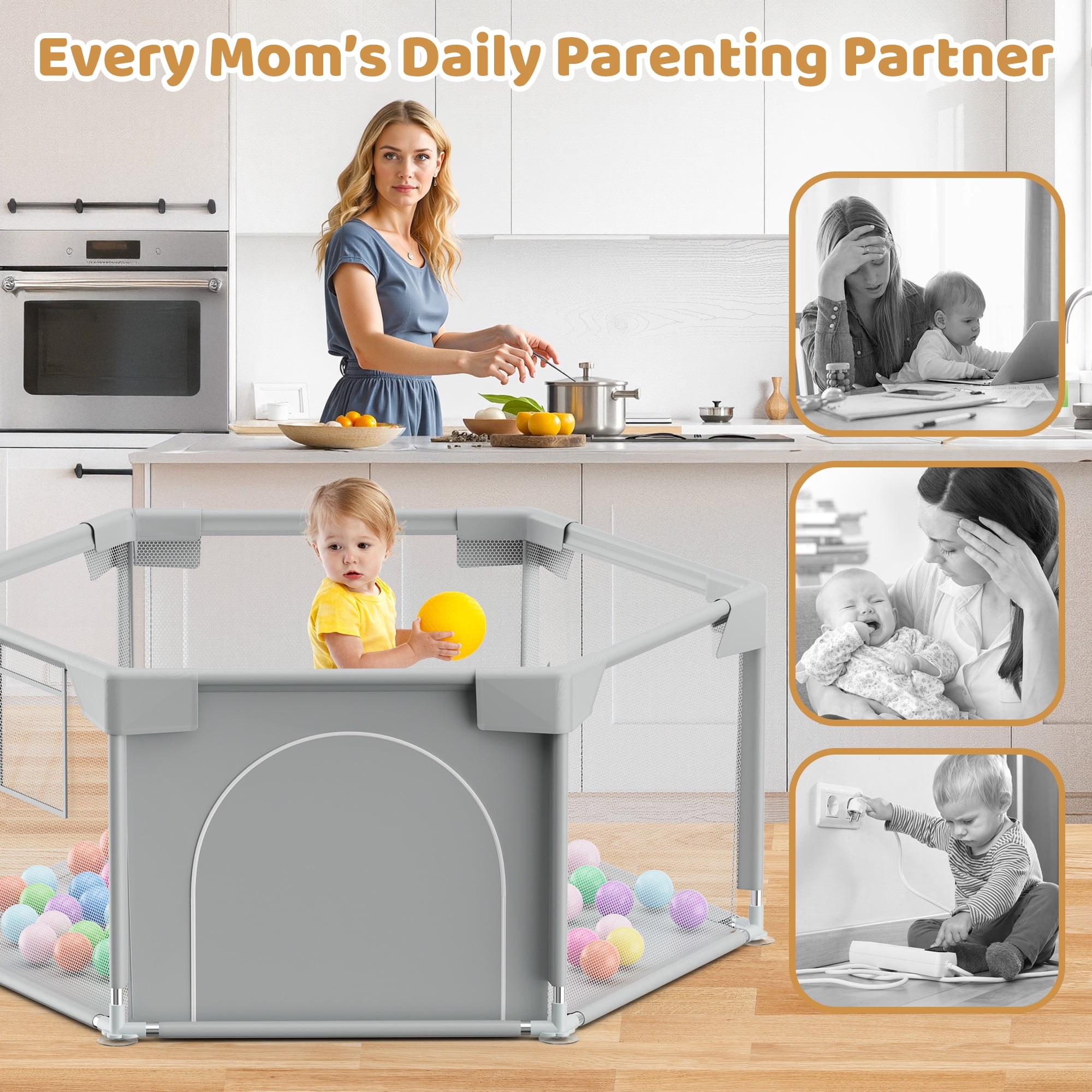 babyeap 50 Inch Baby Playpen,Fence Baby Play Yard for Indoors Outdoors,Hexagonal Toddler Playpen,Light Gray