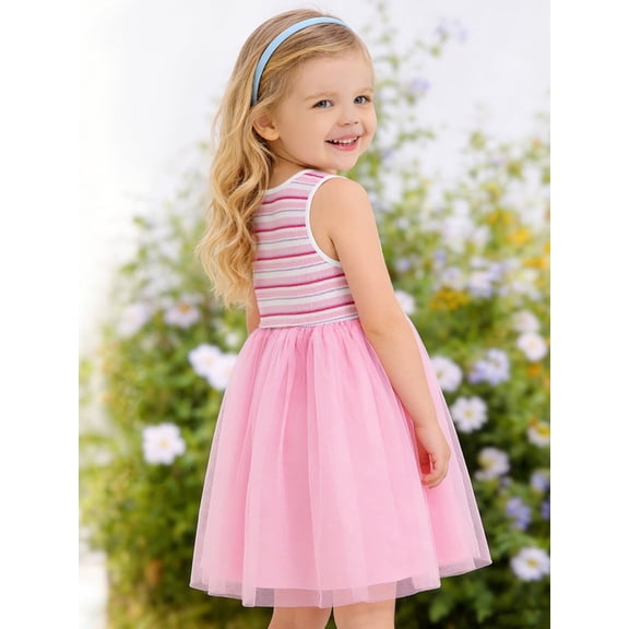 HILEELANG 2-8 Toddler Little Girls Tulle Dress Pink Sleeveless Ribbed Stripe Top Spring Summer 4 Years