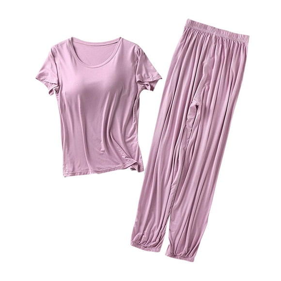 Ensemble de Pyjama 2 Pcs en Modal Doux pour Femme, Chemise de Nuit à Manches Courtes avec Soutien-Gorge Intégré et Pantalon Long, Tenue de Détente à la Maison, Vêtement de Nuit (Moyen, Rose)