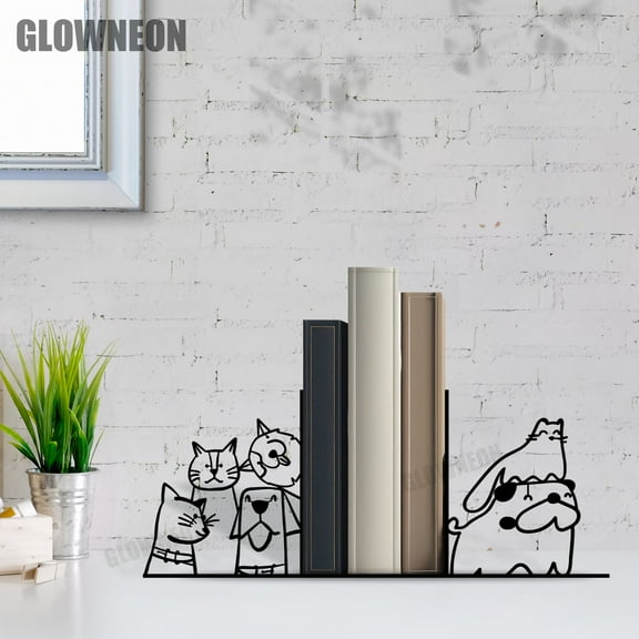 GLOWNEON Dog and Cat Metal Bookend Art, Book Stopper for Shelf Decor, Gift for Pet Lovers & Offices