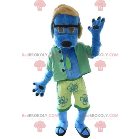 Blue dog REDBROKOLY mascot dressed in green