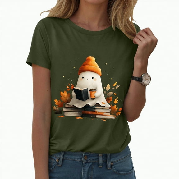 CAUYDY Halloween Doodles Shirt for Women Cute Vintage Graphic Halloween Party Tshirt Short Sleeve Fall Season Tees(AG,M)