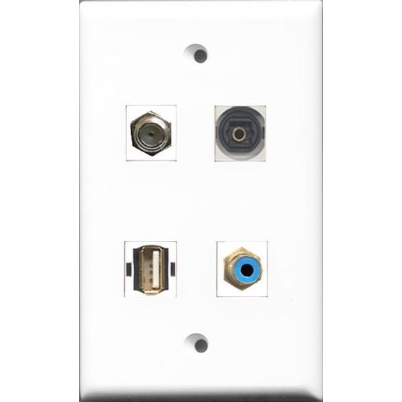 RiteAV 1 Port RCA Blue and 1 Port Coax Cable TV- F-Type and 1 Port USB A-A and 1 Port Toslink Wall Plate