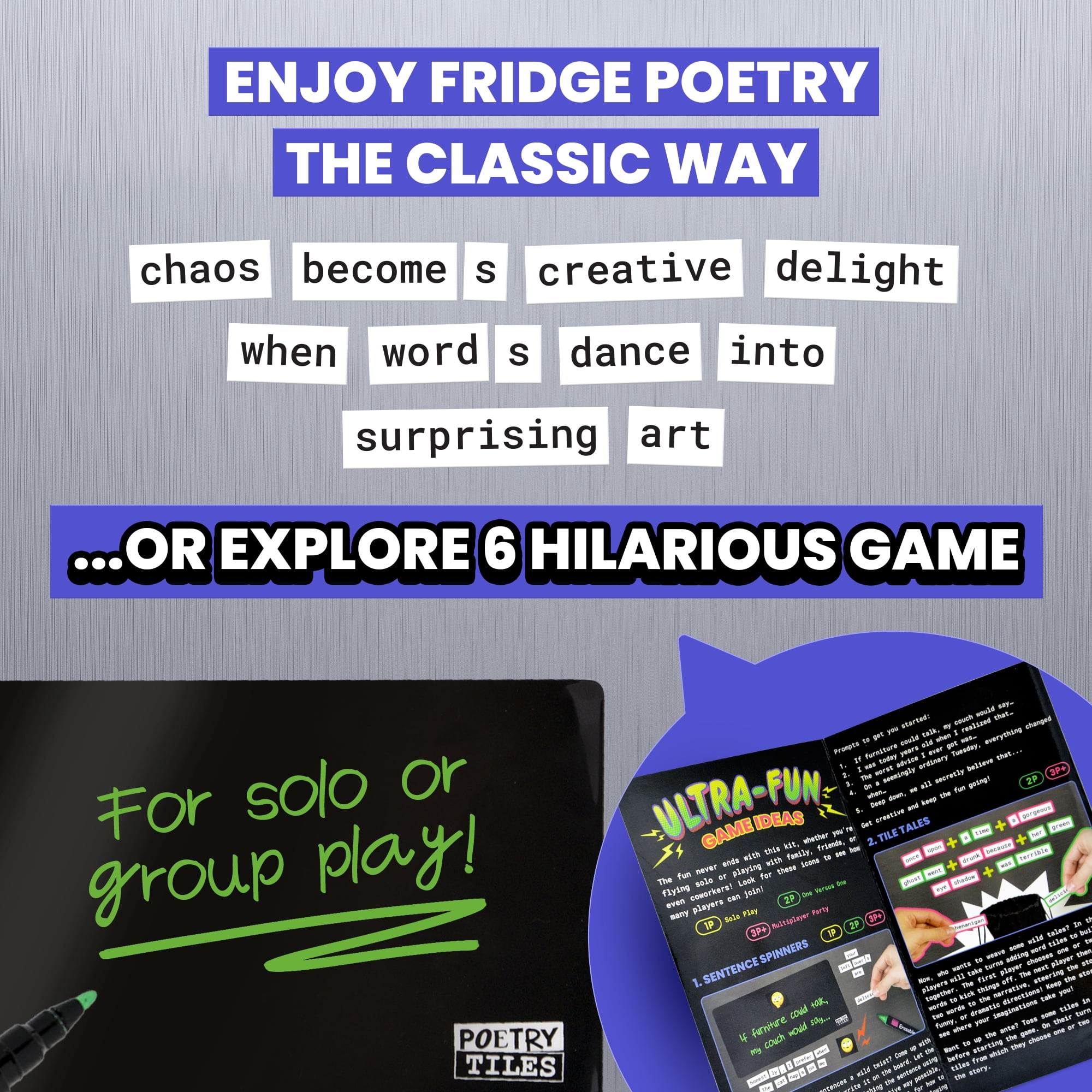Poetry Tiles Ultramagnetic Fun Kit - Includes 6 Funny Fridge Poetry Games for Friends and Family - 700+ Words Magnets, Emojis, Header Tiles, Black Board, Liquid Chalk Pen, and Storage Bag