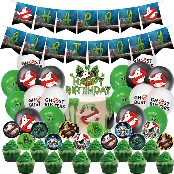 32 Pcs pour Décorations d'Anniversaire à Thème de Dessins Animés Ghostbusters, Essentiels de Fête et Souvenirs – Comprend une Bannière, une Décoration de Gâteau, 12 Décorations de Cupcakes et 18 Ballons pour Ensemble de Fournitures de Fête