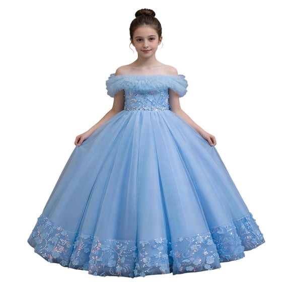 BFHHYA Girls Tulle Dresses Lace Off Shoulder Long Dress Wedding Birthday Flower Girl Dresses Size 3-14 Years