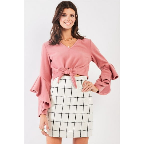 Fuzzy long ruffle sleeve v-neck self-tie front detail cropped top