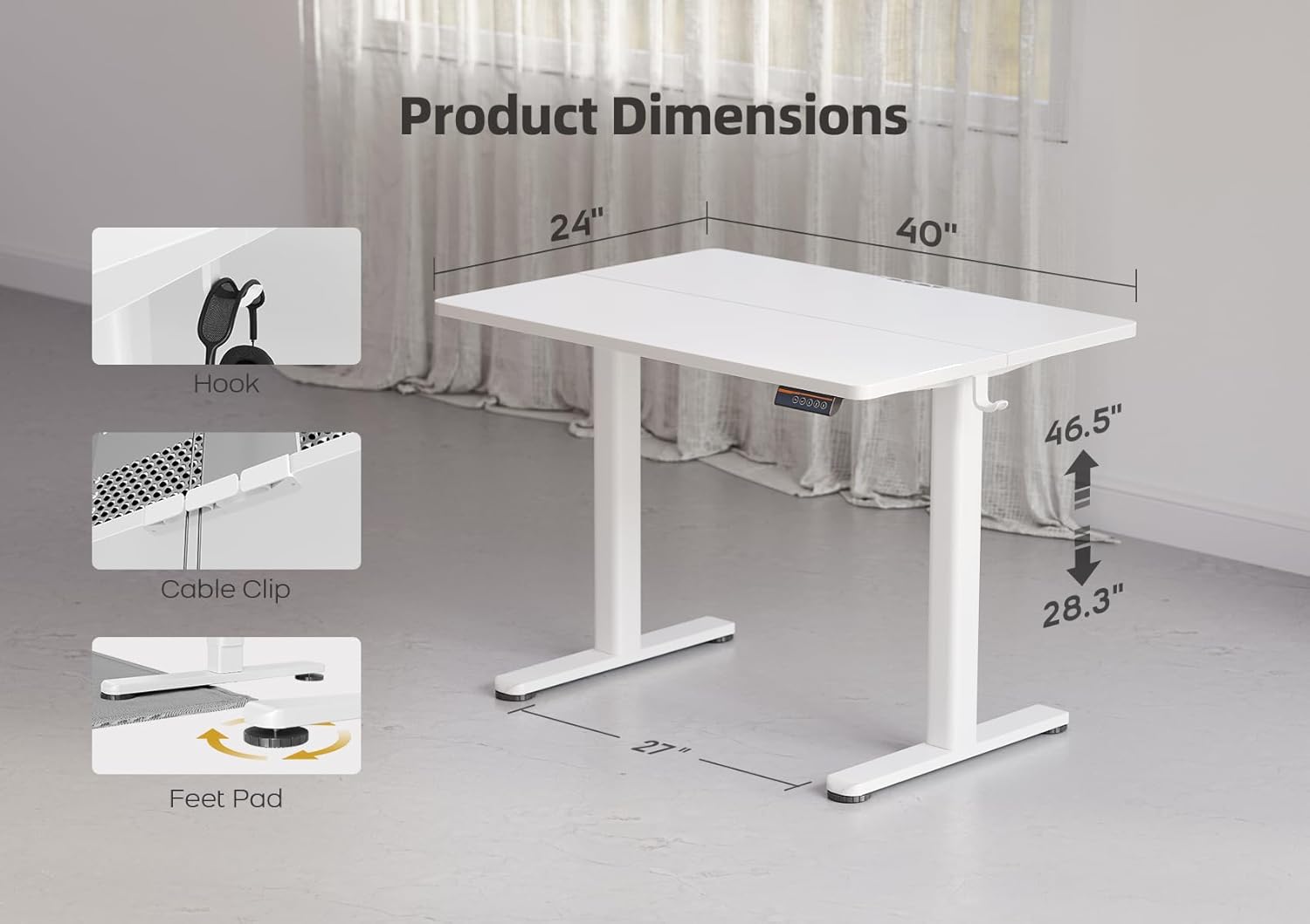 Electric height-adjustable standing desk, suitable for home and office use, white.