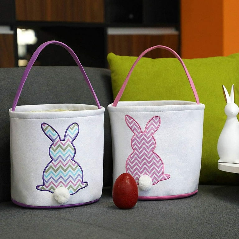 Easter Basket With Bunny Design - Large Cotton Easter Buckets For Kids Egg Hunting & Candy Collection