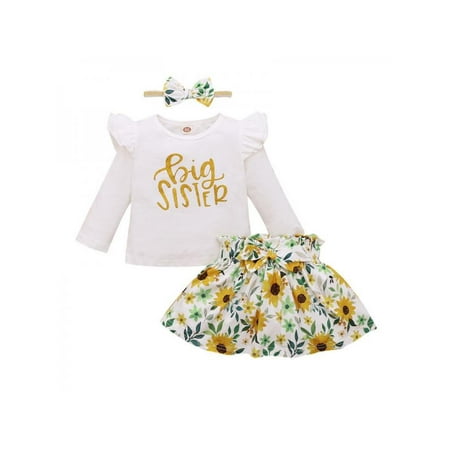 

Miyanuby Baby Cotton Sister Clothing Newborn Long sleeve Flying Sleeve Infant Romper with Letter Print Top + Floral Skirt/Pants + Headband 3PCS Set