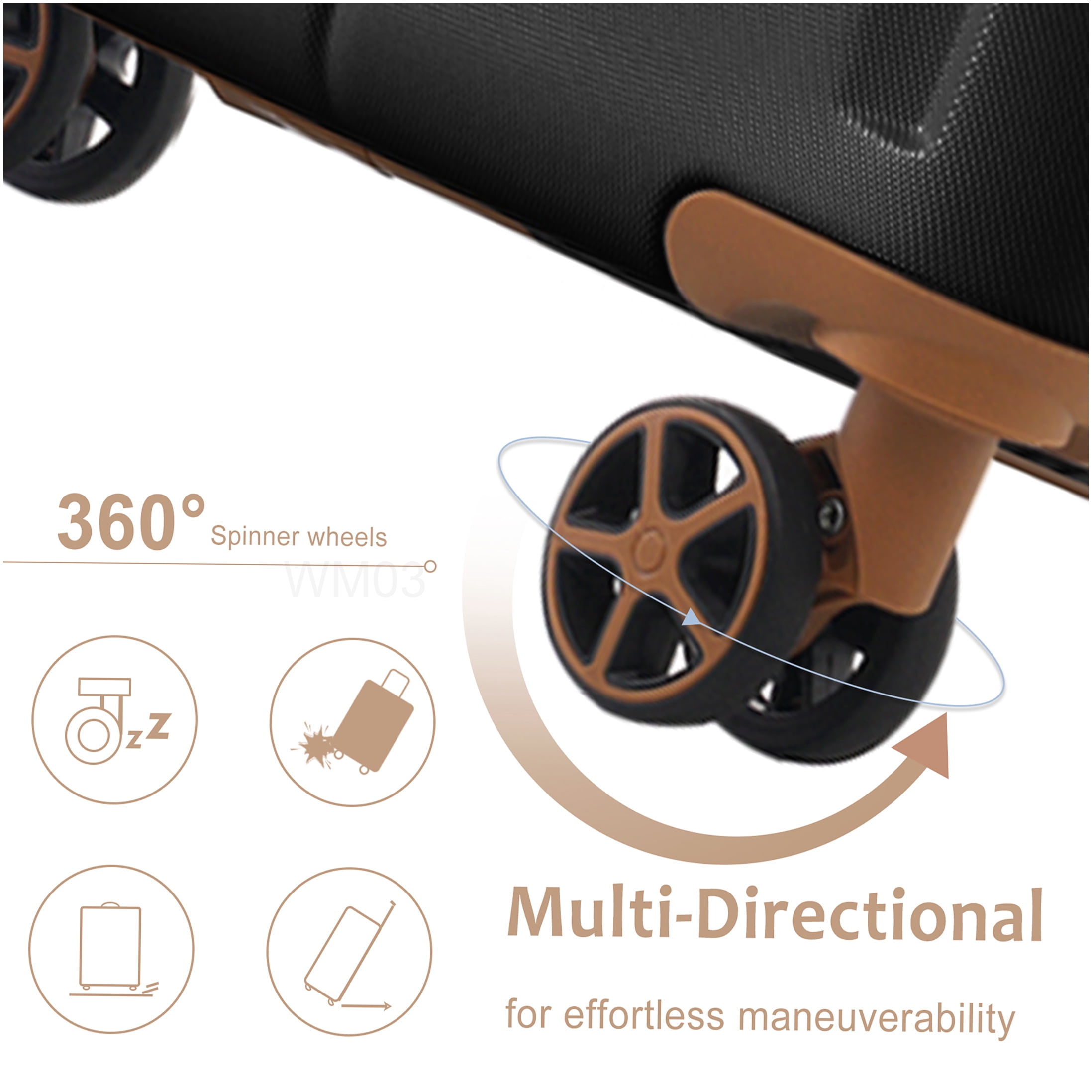 Durable 3-Piece Spinner Luggage Set, ABS Lightweight Hard Shell Suitcases in Black Brown