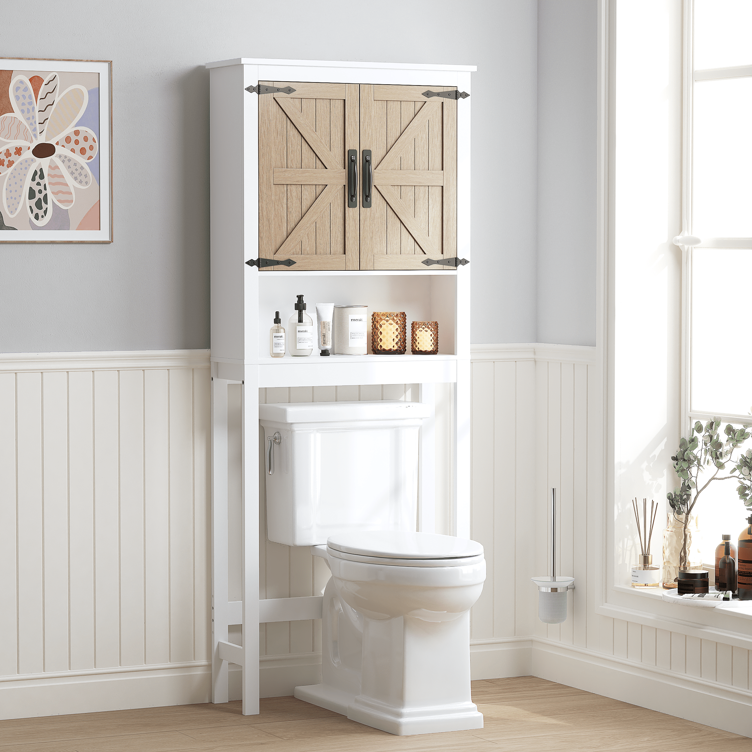 STAROUS Farmhouse Over-Toilet Storage Cabinet with Wood Grain Barn Doors & Adjustable Shelves
