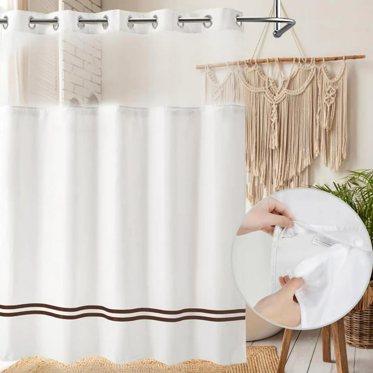 White Shower Curtain with Snap-in Liner, No Hook Required, Satin Brown  Stripe, Sheer Window -71 x 74 inch