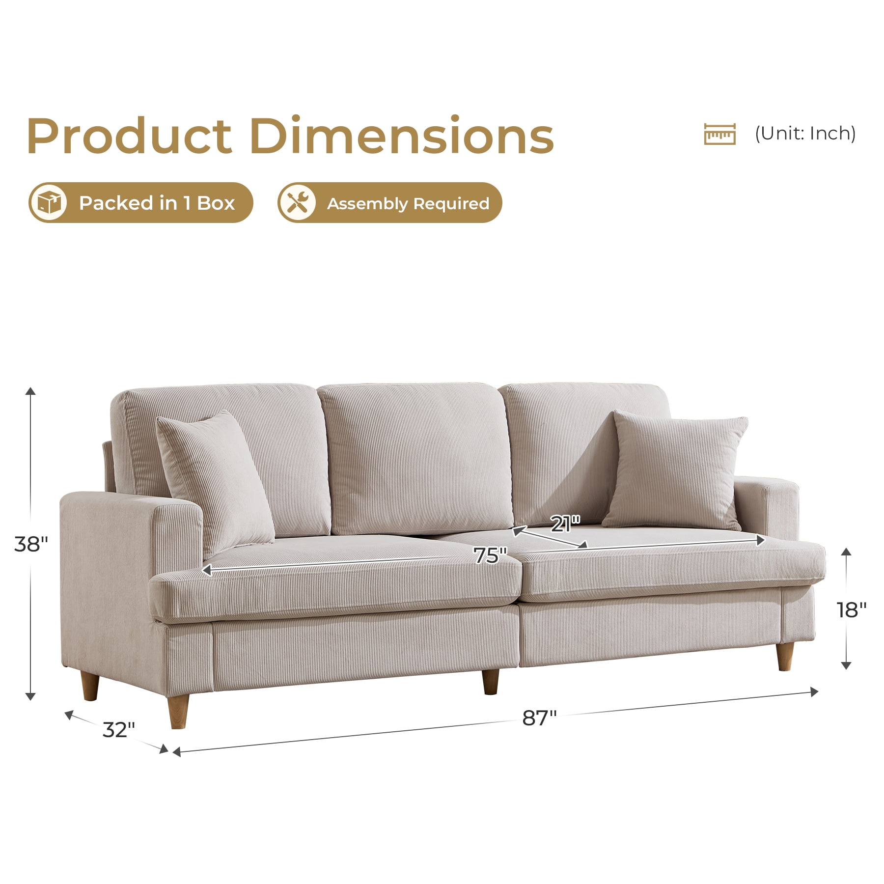 Ebello 87" 3-Seater Corduroy Sofa, Deep Seat with Plush Cushions, 2 Throw Pillows and Thick Backrest Couch for Living Room Bedroom Apartment, Beige