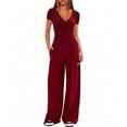 thumbnail image 2 of Scacto Women 2 Piece Outfit Sets, Short Sleeve V-Neck Ruched Top & Wide Leg Pants, Casual Daily Wear Gym Sweatsuit, 2 of 6