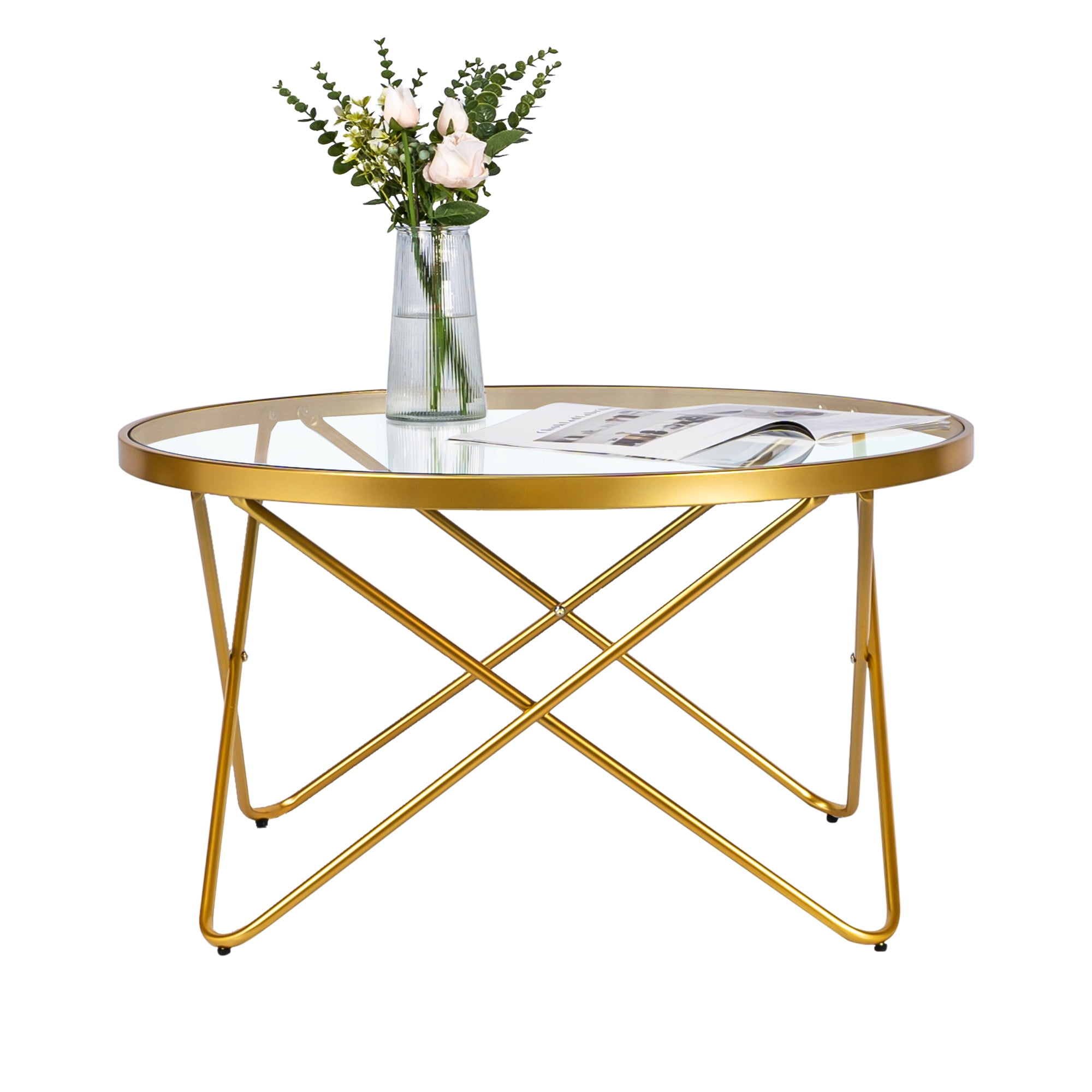 WELLET 32" Round Glass Coffee Table, Gold Legged, Clear