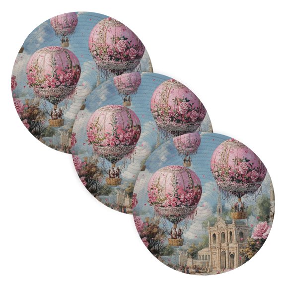 BZSMCE Mats for Pots,Pans Place Pink Floral Hot Air Balloons Simple Style Pattern Pot Mats