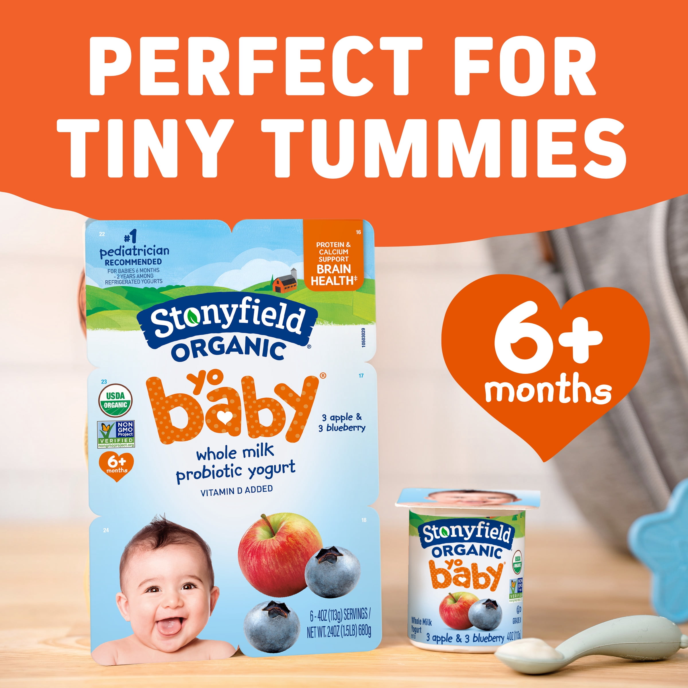 Stonyfield Organic YoBaby Apple & Blueberry Whole Milk Baby Yogurt, 4 oz Cups, 6 ct Pack