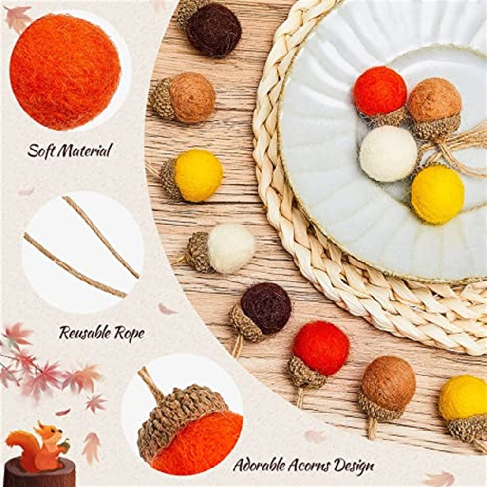 Kepooman 25 Pieces Felt Acorn Ornaments Wool Felted Acorn Garland Felt Balls Rustic with 32.8 Feet Rope for Fall Holiday Tree Mantel Wall Home Vintage Decoration, Multicolor