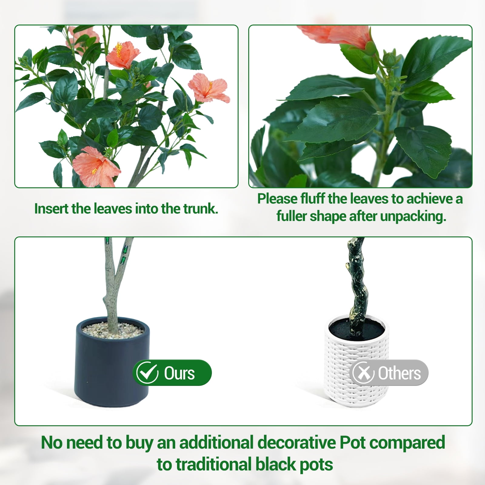 4FT Artificial Hibiscuses Tree, Faux Potted Flower Plant with Realistic Flowers, Fake Flower Tree For Garden Office Party Wedding Hotel