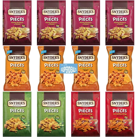 Snyder's of Hanover Pretzel Pieces Family Favorite Bundle – 12-Pack (2.25 oz each) – 4 Honey Mustard & Onion, 4 Cheddar Cheese, 2 Jalapeno, 2 Hot Buffalo Wings – Includes Mystery Gift