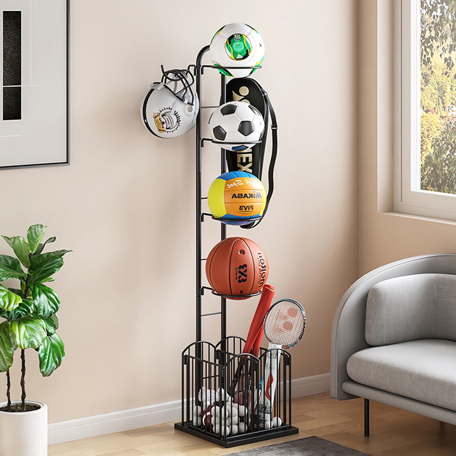 4Tier Black Garage Sports Equipment Organizer Garage Ball Storage with