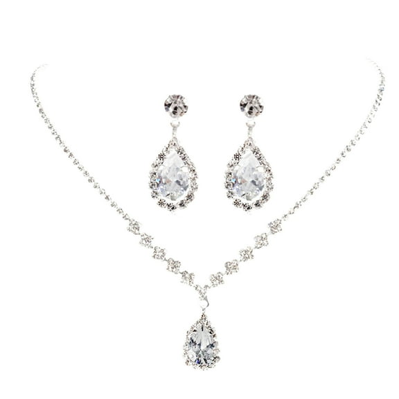 Fiaya Women Shiny Jewelry Set of 3, Crystal Teardrop Dangle Earring Necklace Set, Jewelry Accessories for Women Wedding Prom (A)