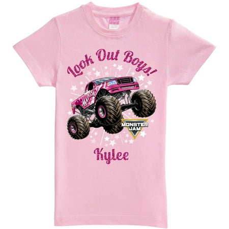 Personalized Monster Jam Look Out Boys Madusa Pink Fitted Tee, Girls Youth, Pink