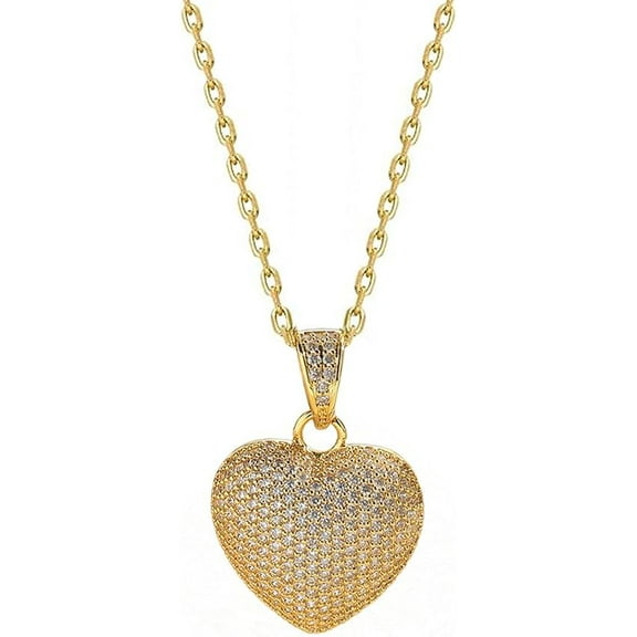 Cubic Zirconia Heart Charm Pendant Necklace For Women 14k White Gold Plated Cute Dainty Sparkly CZ Crystal Puffed Love Heart Choker Adjustable Chain Exquisite Jewelry Gift Valentine's Day Anniversary
