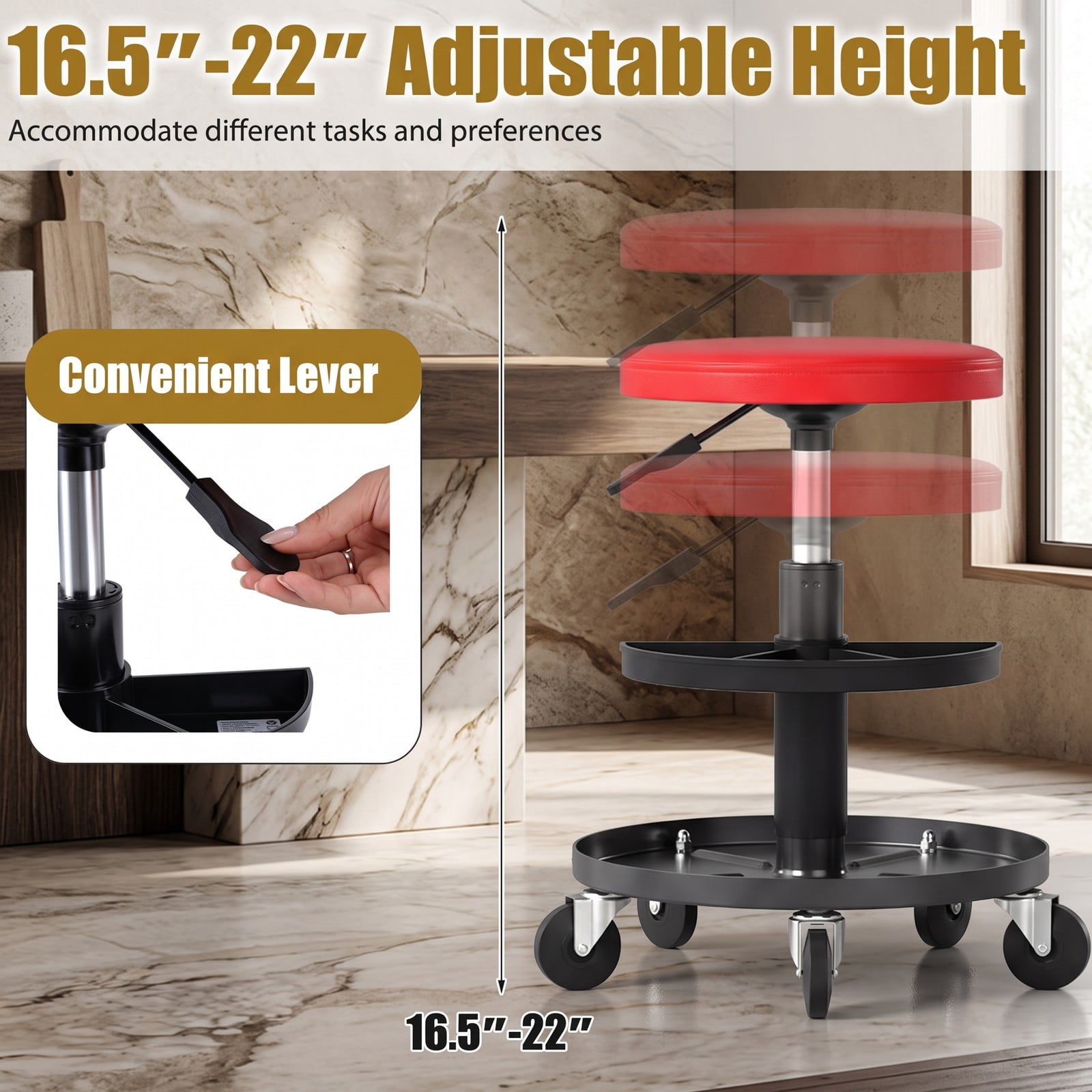 Furnibear Rolling Mechanic Stool with Wheels, 16.5-22 in Adjustable Height Swivel Shop Stool, 2-Tier Tool Trays, PU Leather Padded Seat, 360 Degree Casters, 265, Red