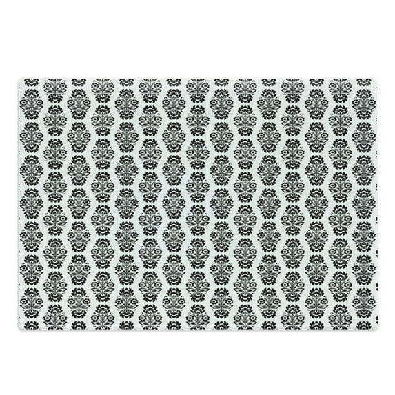 Polish Folk Art Cutting Board, Repetitive Pattern of Monochrome Traditional European Floral Motif, Decorative Tempered Glass Cutting and Serving Board, in 3 Sizes, by Ambesonne