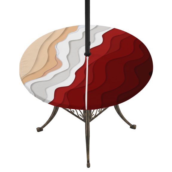 Round Outdoor Tablecloth with Umbrella Hole and Zipper, Red Coastal Beach Tablecloth with Elastic Waterproof, Farmhouse Abstract Ocean Waves Striped Patio Table Covers for 45" - 54" Pool Tables