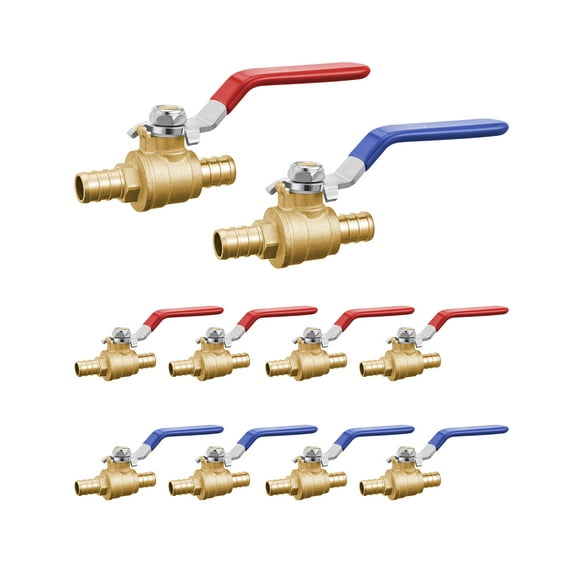 VEVOR PEX Ball Valve, 10 Pieces, 1/2 in PEX Brass Ball Valve, PEX Full Port Brass Ball Valves, Quarter Turn Hot (Red) Cold (Blue) PEX Full Port Ball Valve, for Kitchen, Hydronic Heating, Bathroom