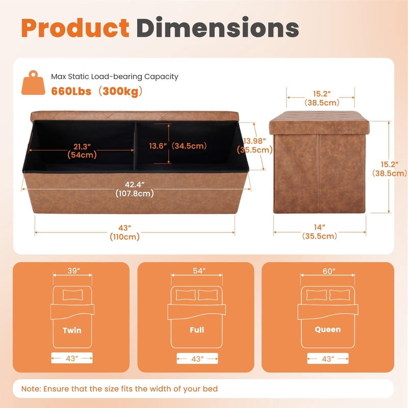 Kelno 43" Foldable Storage Ottoman Bench Faux Leather Footrest Stool with Foam Padded Seat, Brown