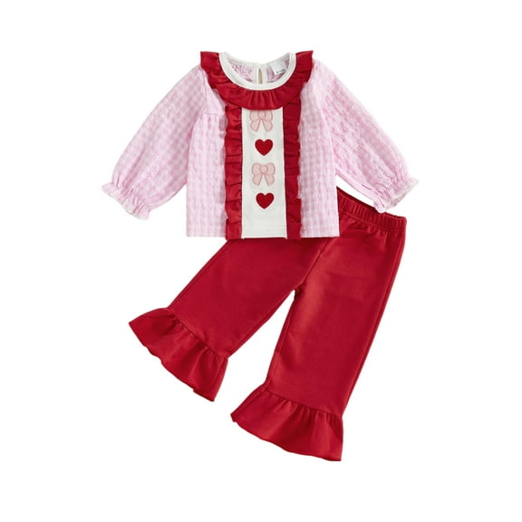 BemeyourBBs Toddler Baby Girls Valentines Day Outfits Ruffle Long Sleeve Plaid Bow Heart T-shirt with Pants Set Spring Summer Clothes