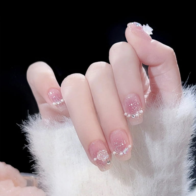 Gentle Light Pink False Manicure With Glitter Natural Unbreakable Nail  Simple Wear For Fingernail Diy Decoration