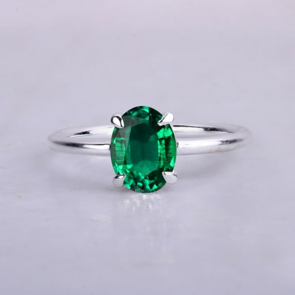 Vintage Emerald Oval Solitaire Ring, 925 Starling Silver Wedding Band Ring, Oval Stackable Ring, May Birthstone Jewelry, Proposal Ring, Anniversary Gift For Wife